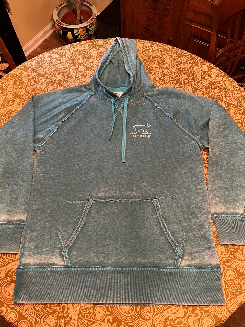 Buddy by the Sea Hooded Pullover Sweatshirt Dog Design on Back - Teal